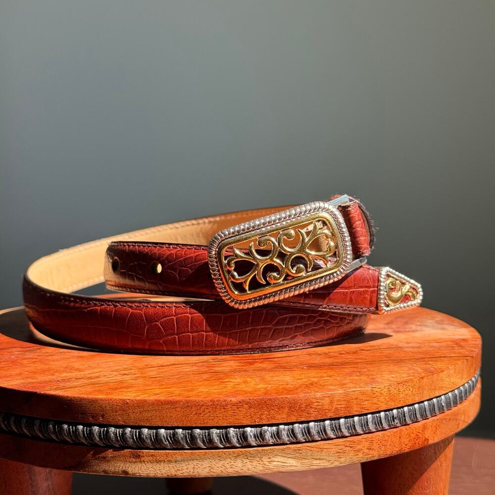 Raymond Floyd Genuine Leather Croc Embossed Belt Brown Gold Buckle Size M 33”